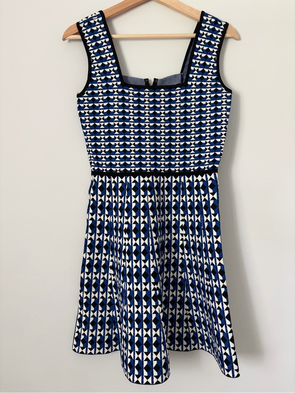 BCBGMaxAzria Blue, White and Black Geometric Sleeveless Skater Dress